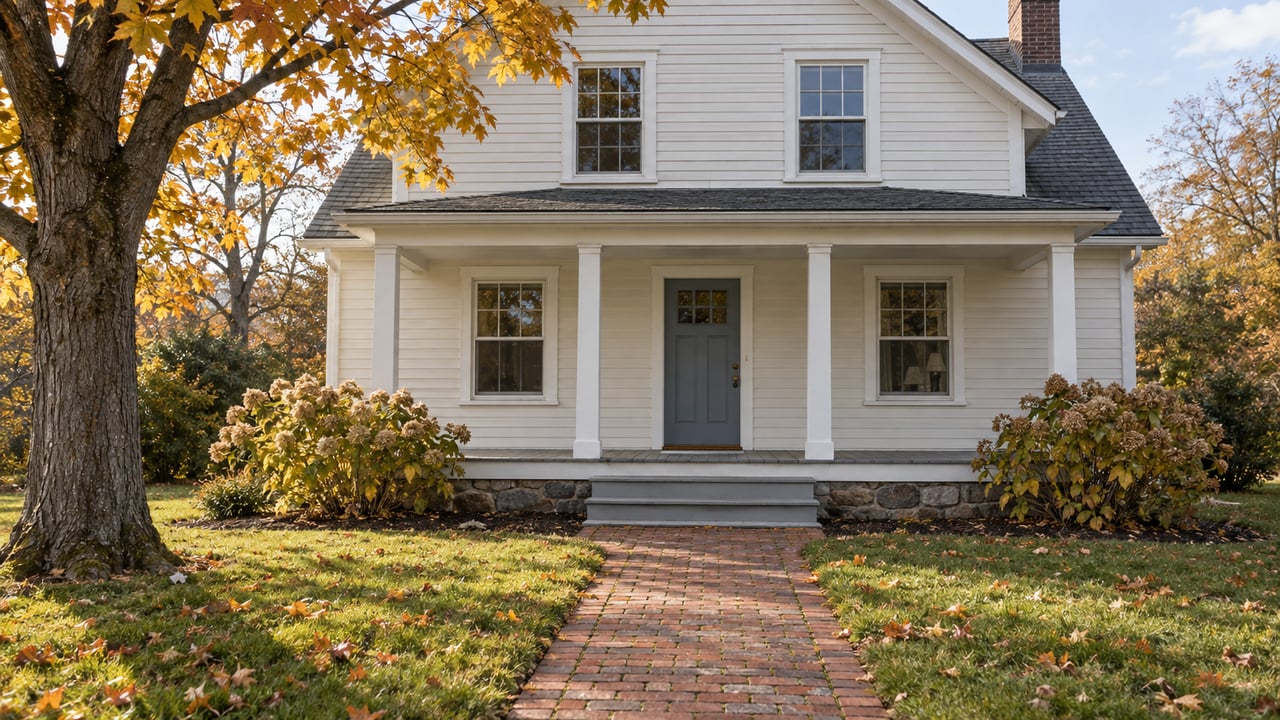 An off-white gabled house with a covered porch, slate-blue front door and brick walk beneath autumn maple foliage.