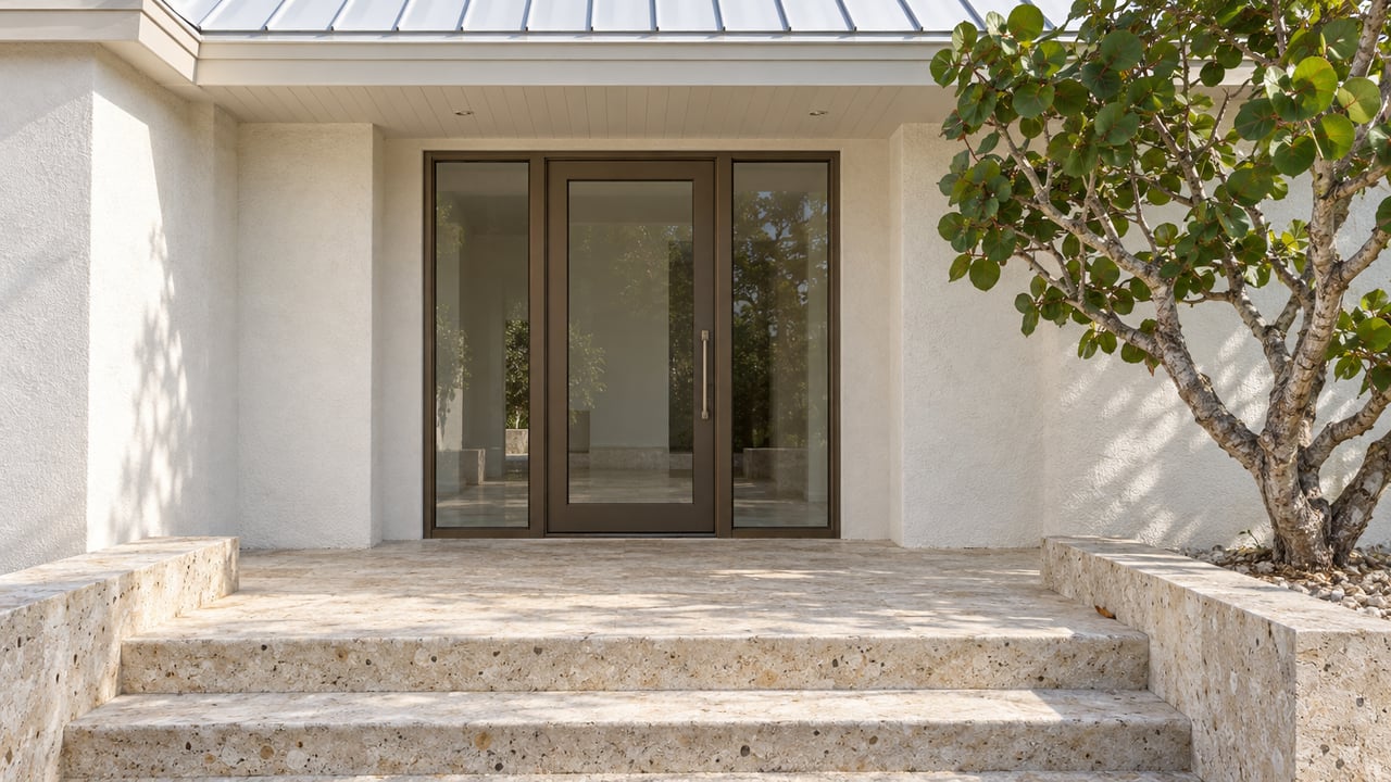 Sunlit white stucco home entrance with bronze-framed glass doors, pale shell-stone steps and a branching sea grape tree.