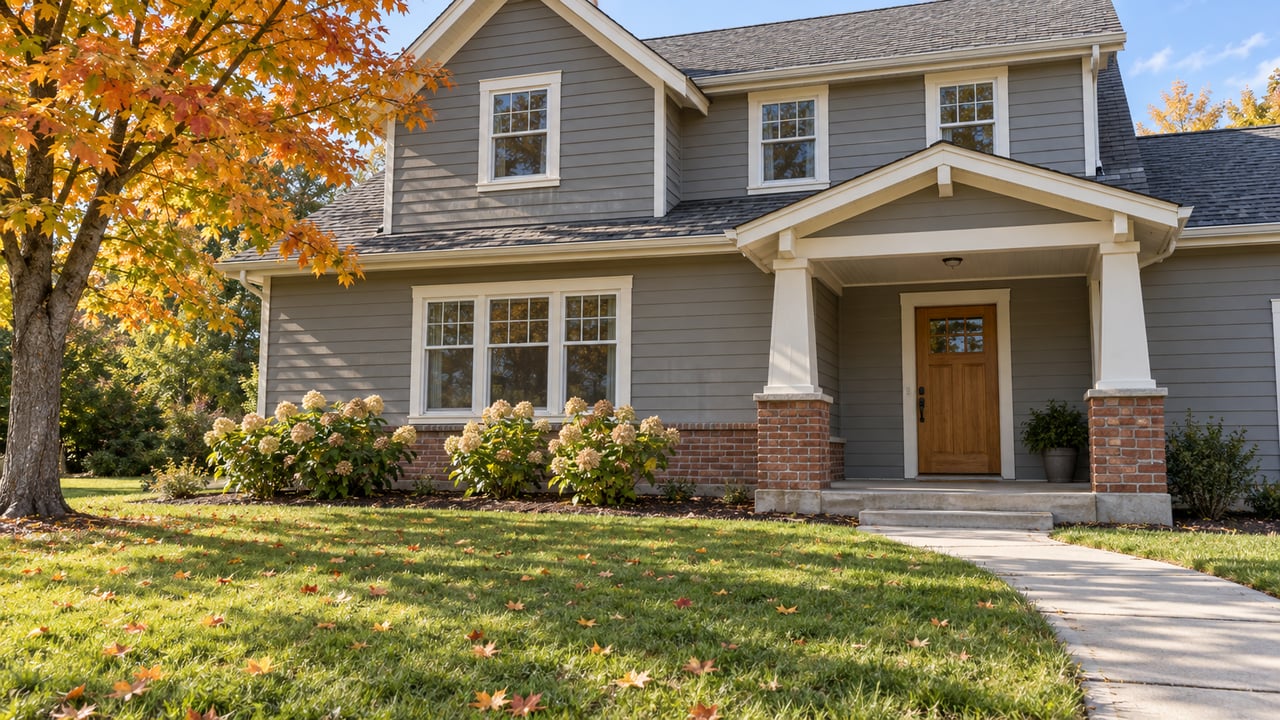 Gray two-story home with a brick-based covered porch, deep green lawn, and a sugar maple turning gold in autumn sunlight.
