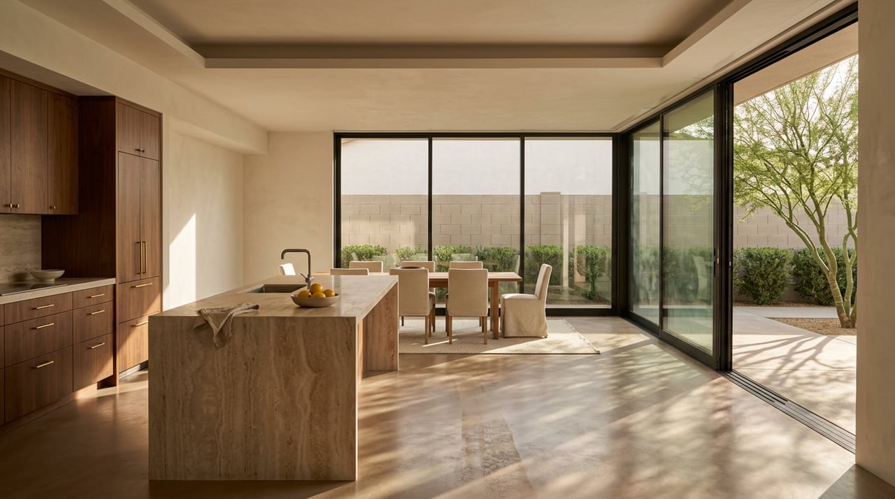 Great room with a travertine island, walnut cabinetry, and a palo verde tree visible beyond the glass wall.