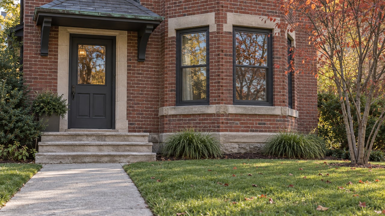Deep red brick house with a dark timber door, projecting bay windows, and a concrete walk crossing the lawn.