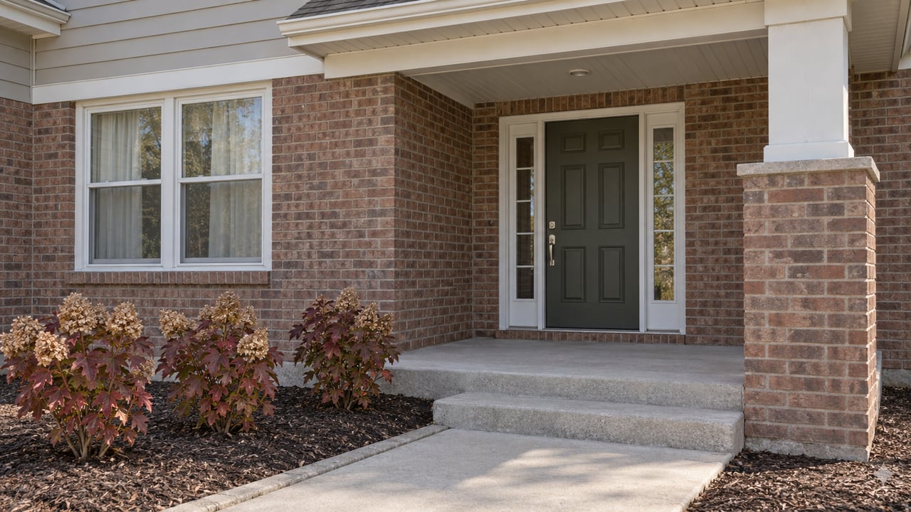 Covered home entry with red-brown brick, pale siding, an olive door with paired sidelights, and autumn oakleaf hydrangeas beside concrete steps.