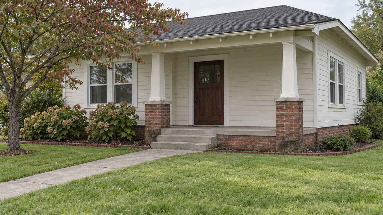 Cream clapboard bungalow with a brick foundation, covered porch, concrete front walk and a flowering dogwood beginning its autumn color.