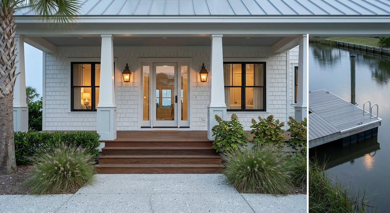 Coastal home porch at dusk, with a private dock and canal glimpsed beyond curated plantings.