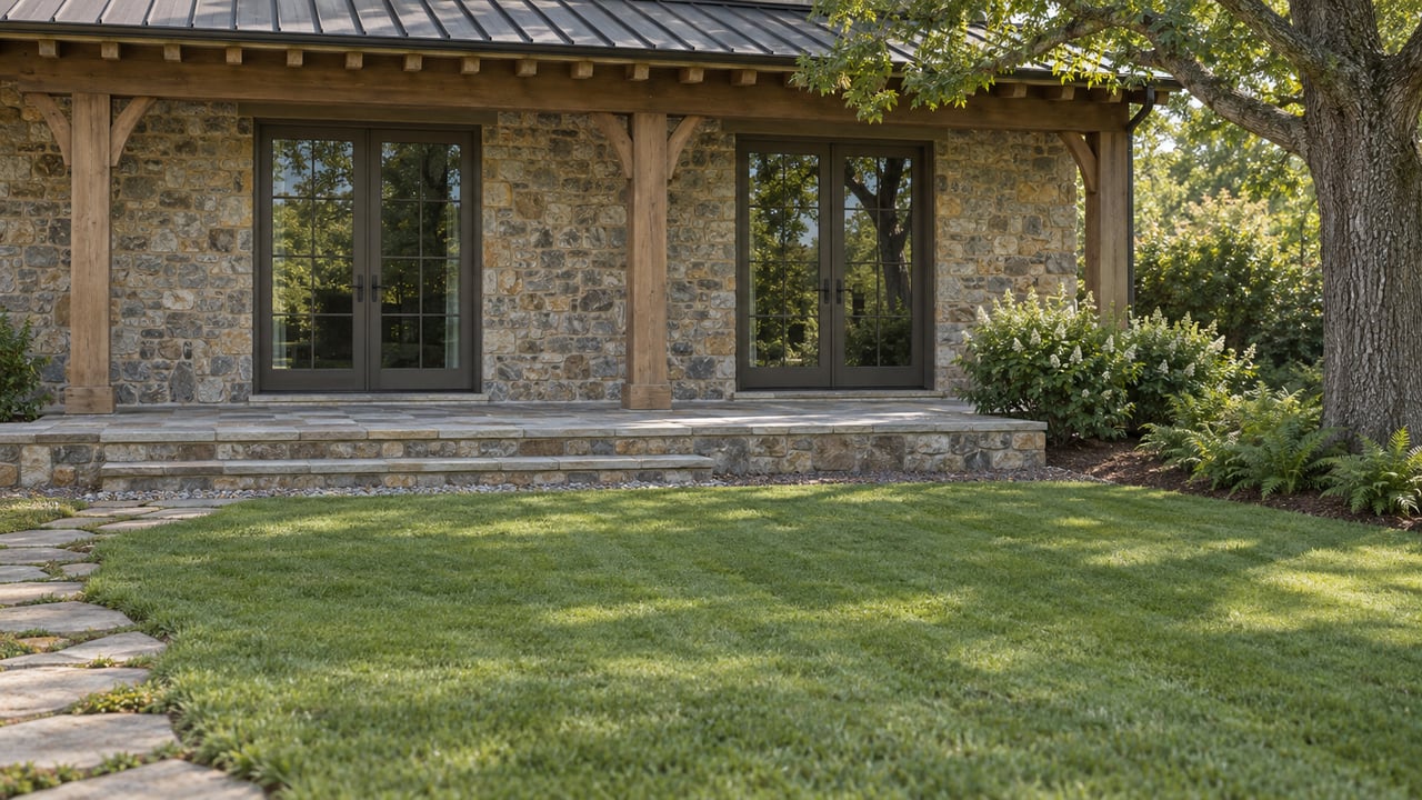 Fieldstone house with glazed timber doors behind a stone terrace and broad lawn, framed by a mature oak.