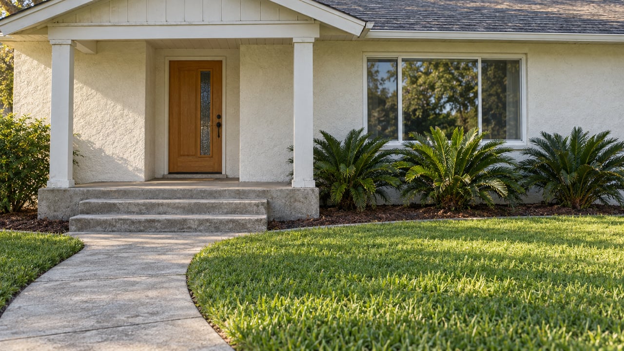Morning light on a white stucco ranch porch, wood front door, concrete steps and coontie planting beside a green lawn.