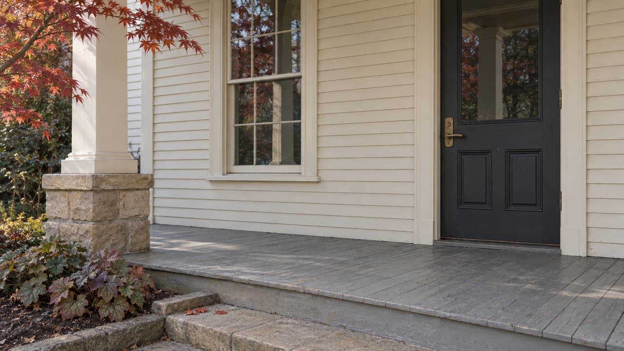 Cream clapboard home with a charcoal glazed front door, weathered porch boards and sandstone steps beside autumn foliage.