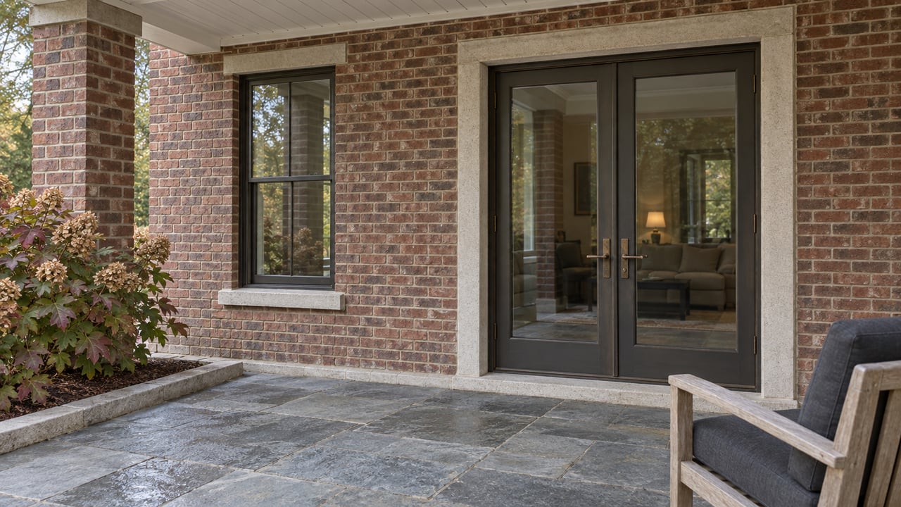 Covered brick terrace with bronze-framed glass doors, bluestone paving, a weathered teak chair and autumn oakleaf hydrangea.