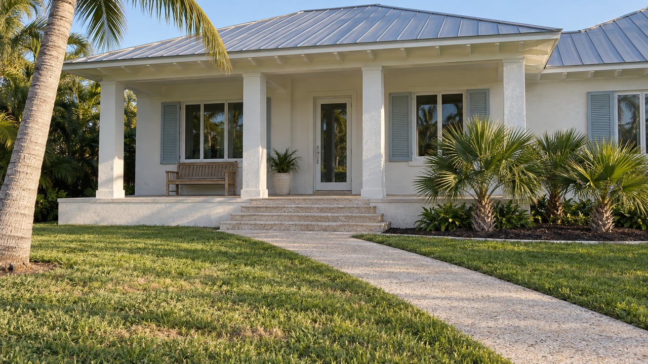 Sunlit white stucco home with a silver metal roof, shaded porch, deep front lawn and sculptural palms.