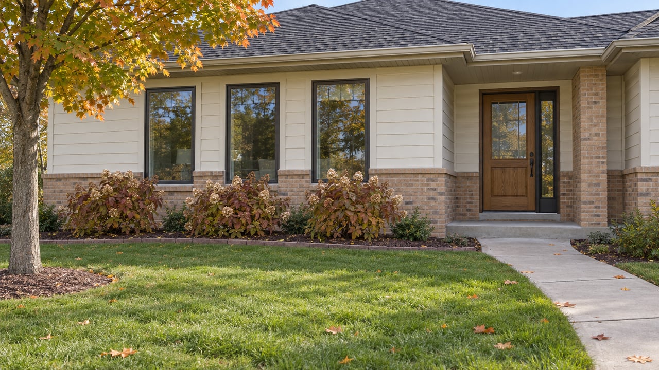 A single-story home with ivory siding, buff brick, dark-framed windows and a recessed oak entry beyond a broad autumn lawn.
