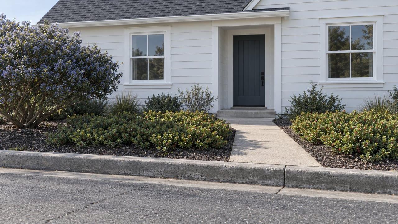 White one-and-a-half-story cottage behind a planted front yard, concrete path, curb, and quiet residential street.