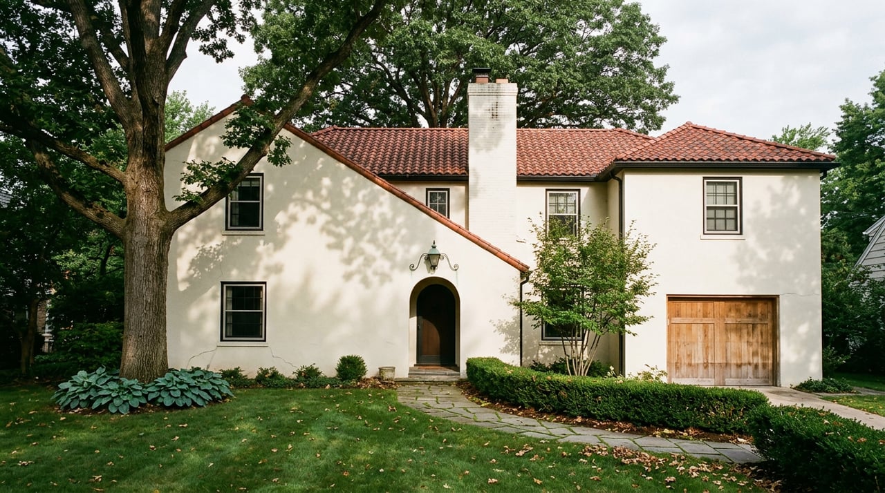 Mature oak canopy beside a cream stucco home with a tile roof, curved flagstone walk, and front lawn.