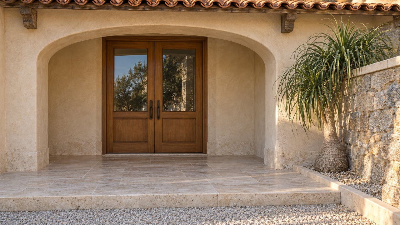 Sunlit stucco entrance with paired timber-and-glass doors, a travertine step, rough stone wall and one sculptural ponytail palm.