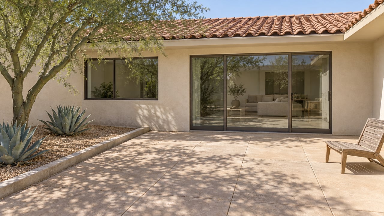 Sunlit courtyard with sand-colored paving, a sculptural blue palo verde, two agaves, and a low cream-stucco home beneath a terracotta tile roof.