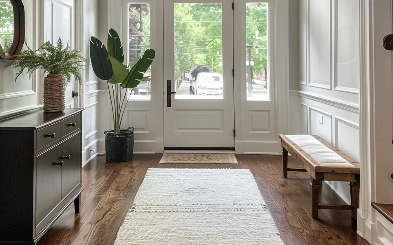 Bright entryway with a white front door, wood floors, a cushioned bench, and potted plants.