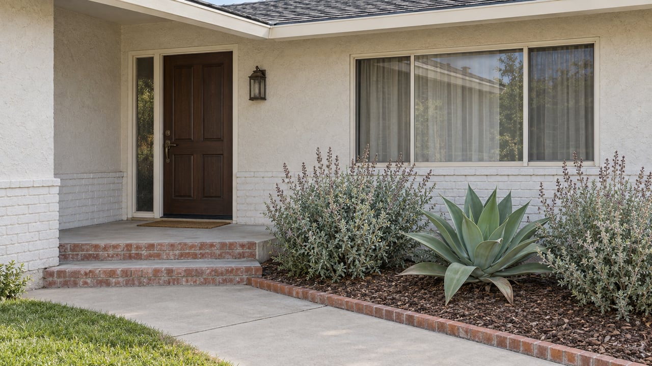 A shaded ranch-home entry with pale stucco, white-painted brick, a dark wooden door, brick steps and silver-green planting.