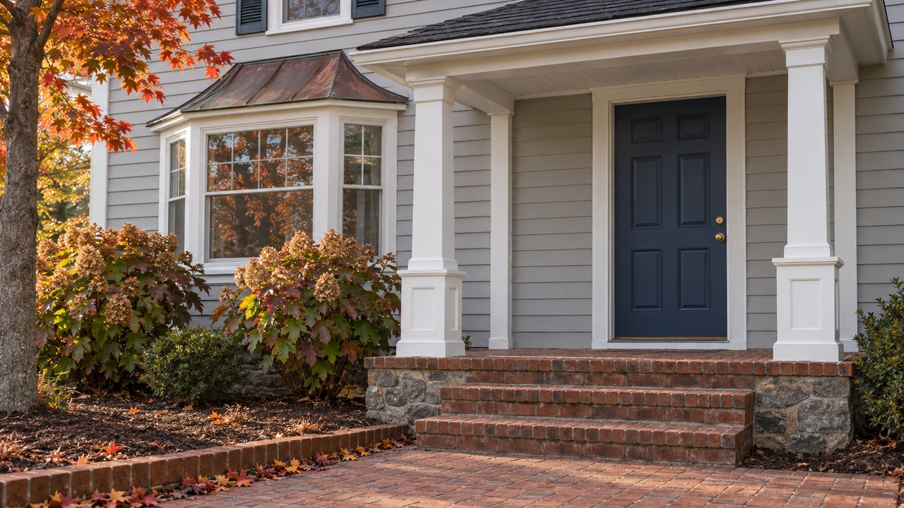 Pale-gray colonial facade with a white-columned porch, copper-roofed bay window, brick steps and autumn hydrangeas.