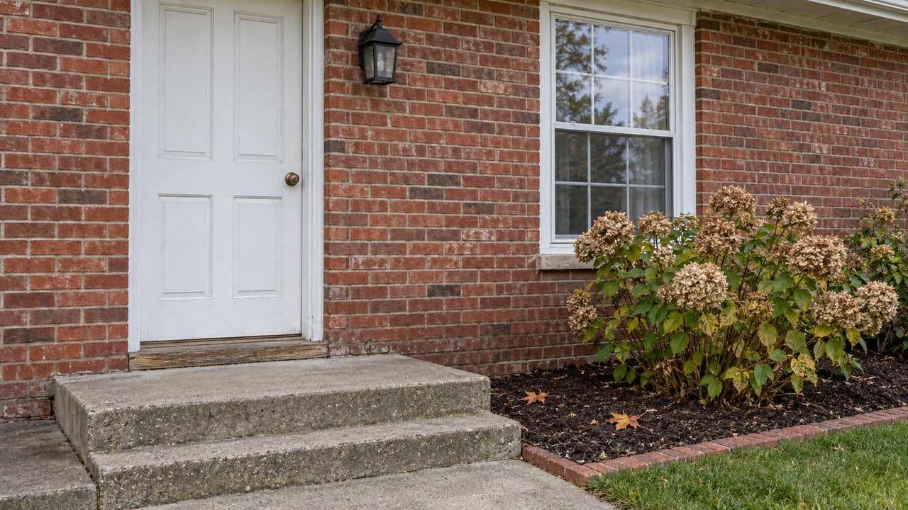 A white door and tall sash window in a weathered red-brick house, above concrete steps and a small bed of dried hydrangea flowers.