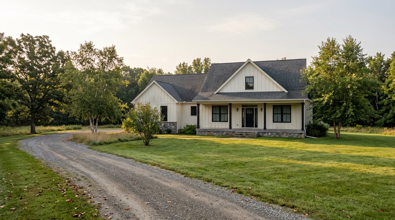 White country home beside a curving gravel drive, with a wide lawn opening into meadow and mature trees.