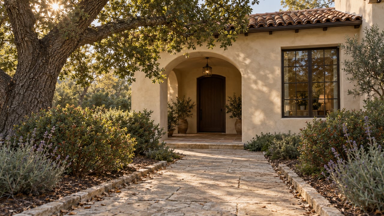 Beige stucco home with an arched entry, limestone path, and oak canopy filtering afternoon sun.