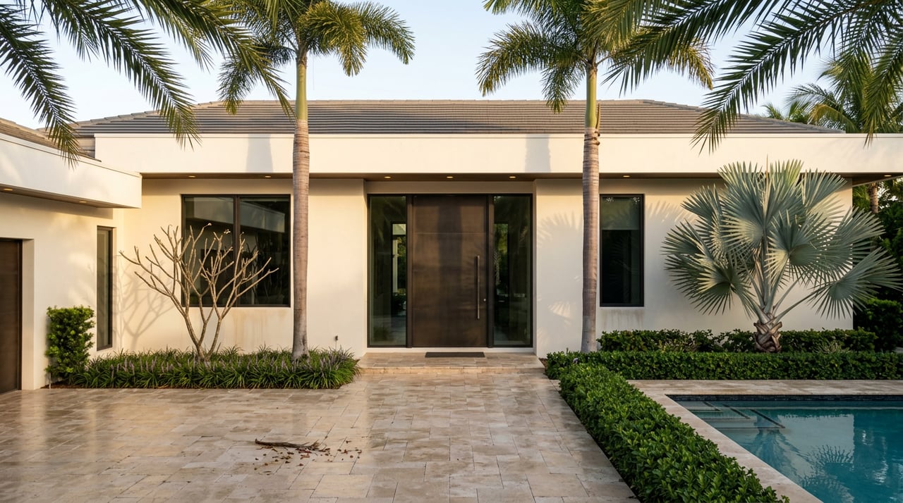 Modern stucco home with a bronze pivot door, royal palms, stone-paved courtyard, and turquoise pool corner.