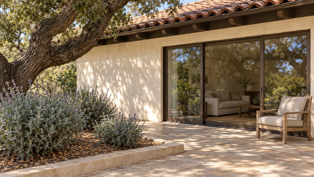 Sunlit stucco home with clay roof tiles, enclosed sliding glass doors and a limestone terrace beside a mature oak and sage planting.