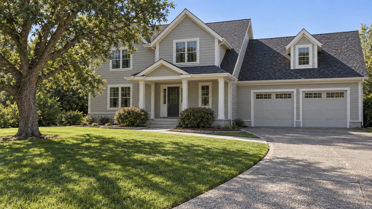 A light-gray two-story gabled home behind a broad lawn, with a mature oak, curved concrete driveway, and raised front porch in bright daylight.