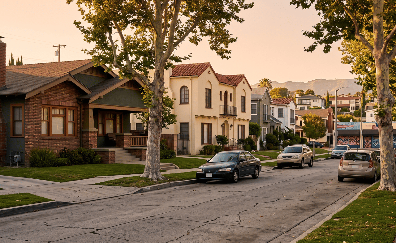 Residential street lined with varied homes and mature trees, with mountains in the distance.