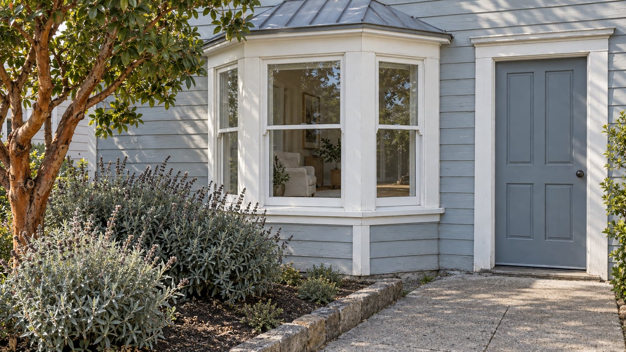 Gray-blue timber cottage with a white-trimmed bay window, closed entry door and a stone-edged garden of strawberry tree and Cleveland sage.