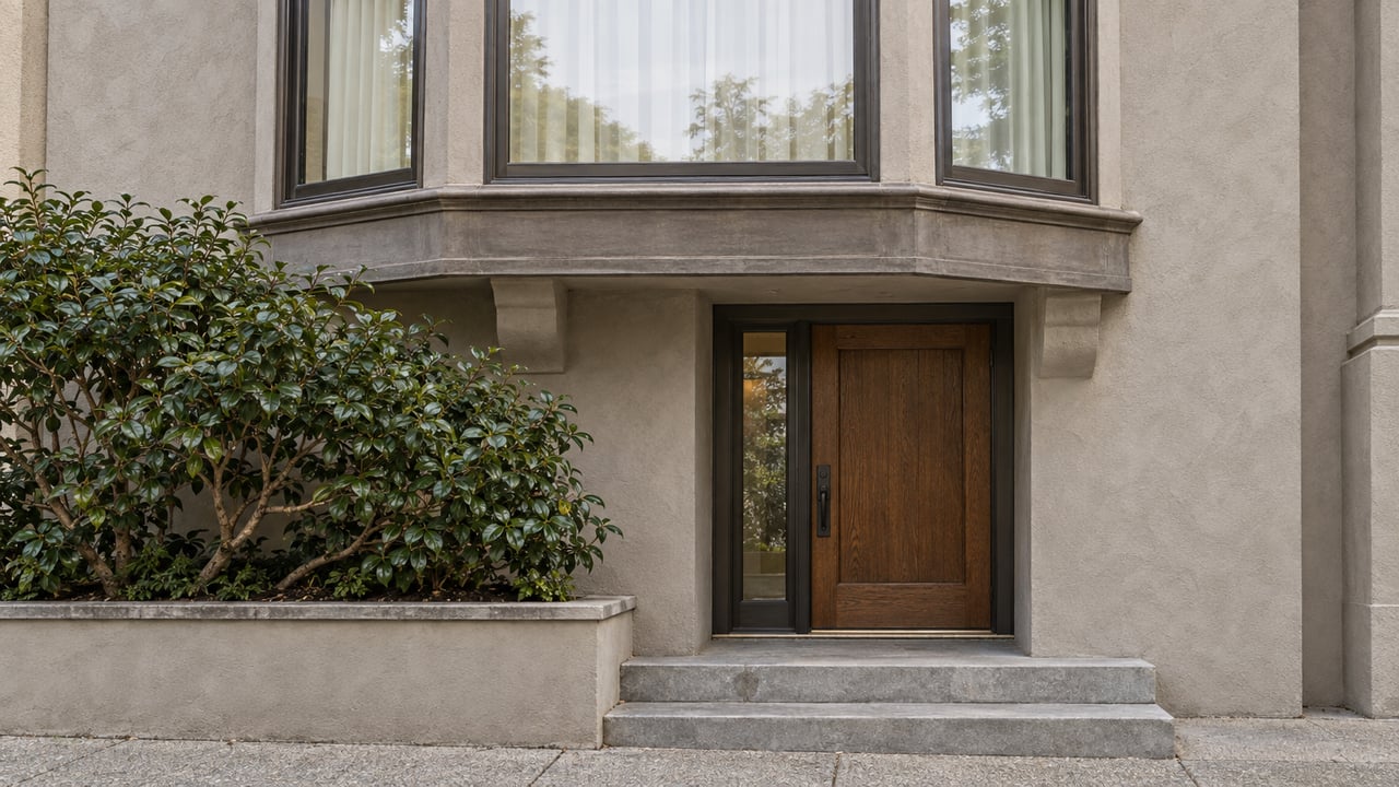 Updated attached home with dark bronze bay windows, textured gray stucco, an oak entrance and a camellia in a raised planter.