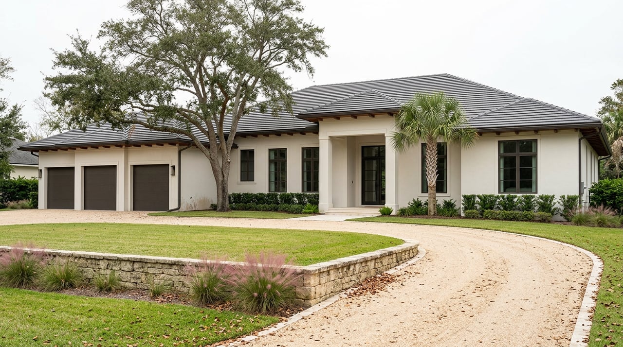 Single-story stucco estate with a charcoal tile roof, three-bay garage, shell driveway, stone wall, and broad lawn.