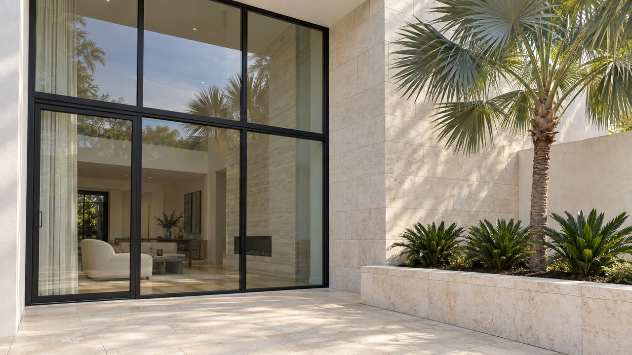 White stucco residence with tall black-framed glass, an ivory stone terrace, and a silver-backed fan palm in a raised limestone planter.