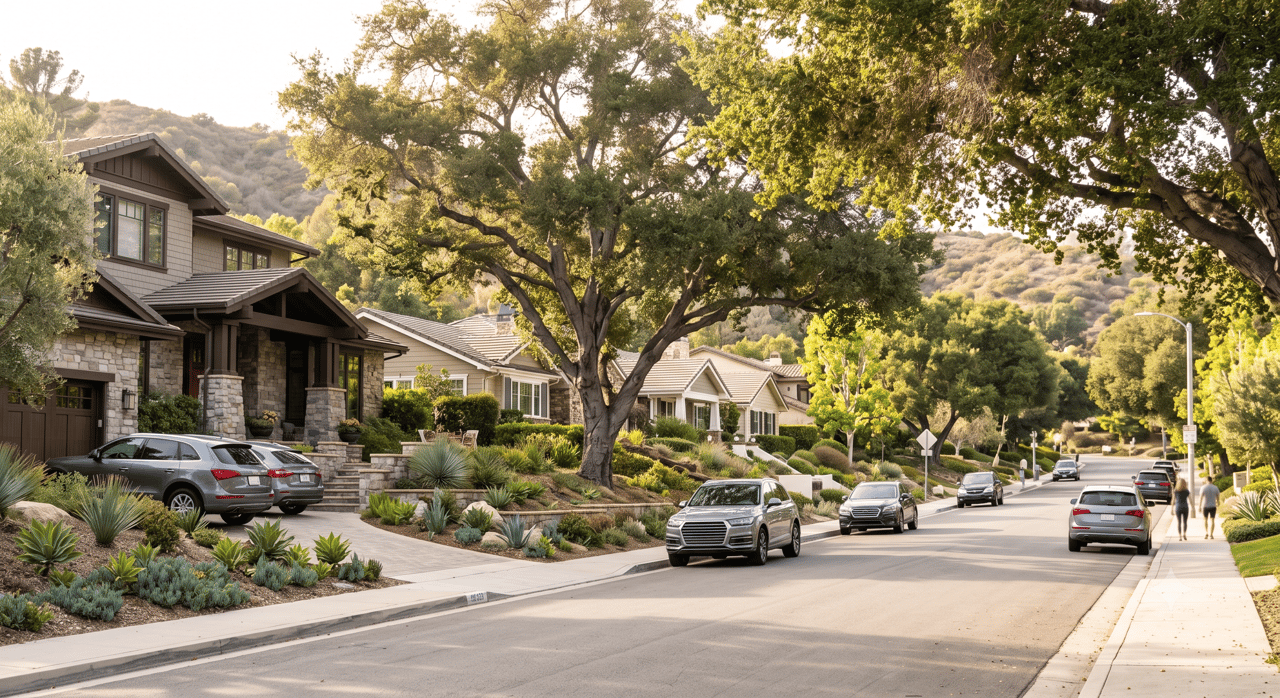 Tree-lined Woodland Hills street with hillside homes, landscaped yards, and parked cars.