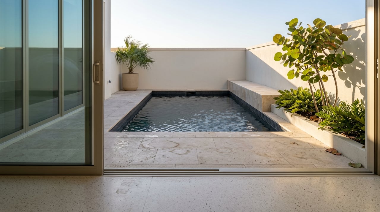 Private terrace with a narrow dark-tiled lap pool, travertine bench, and sunlit potted palms.