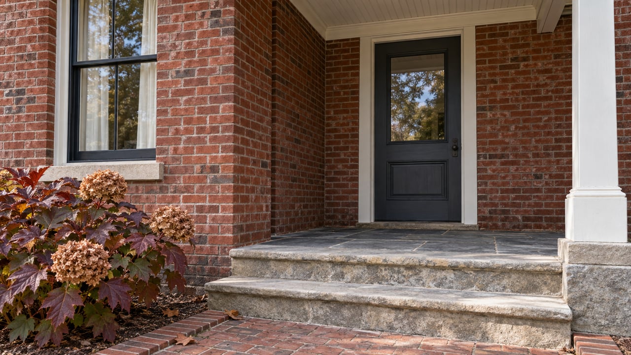 Covered brick home entry with a charcoal door, slate landing, worn limestone steps and burgundy oakleaf hydrangea.