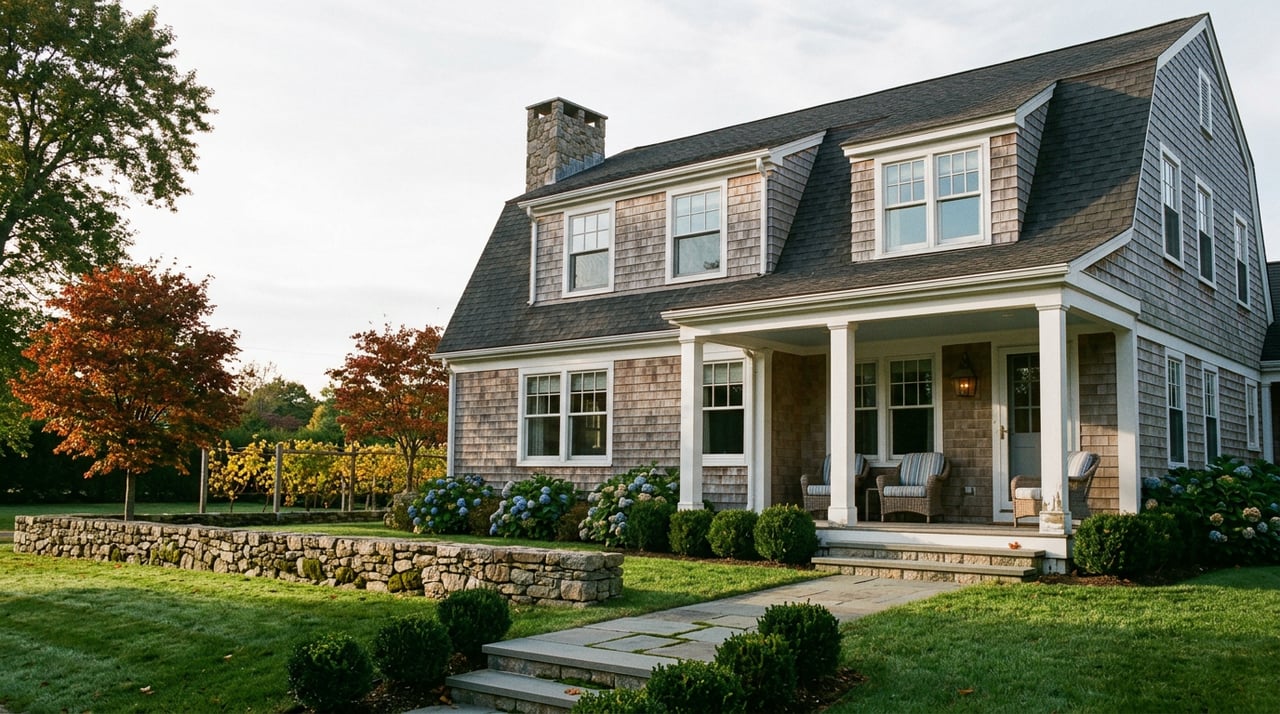 Shingle-clad gambrel farmhouse with two dormers, a fieldstone chimney, and a grapevine trellis beyond the lawn wall.