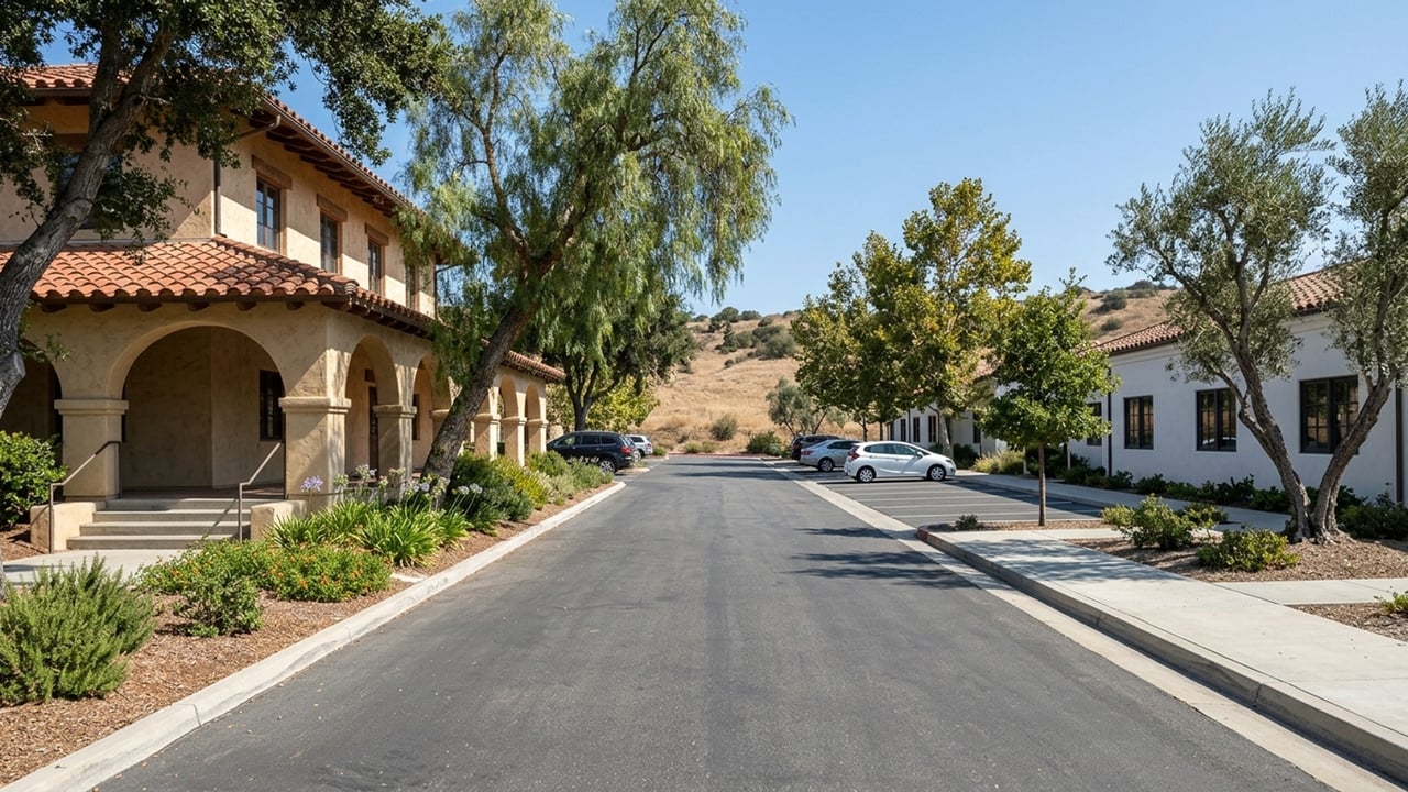 Street between stucco buildings with tiled roofs, landscaped sidewalks, parked cars, and a dry hillside beyond.