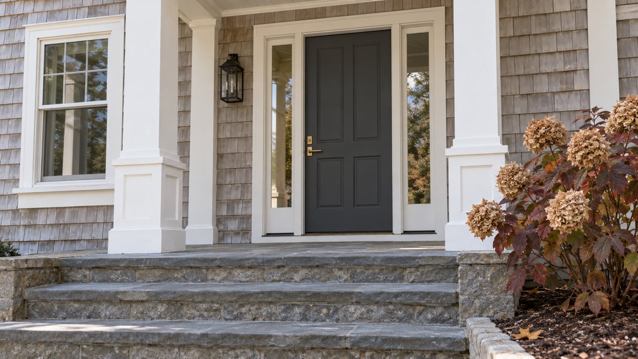 Gray-shingled home's columned entrance with a charcoal door, worn bluestone steps and burgundy oakleaf hydrangea.