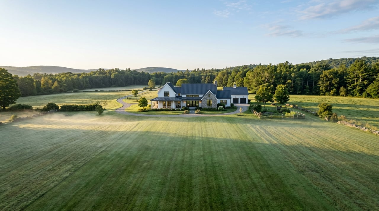 Modern farmhouse beyond a broad lawn, with a mowed field and tree line receding behind it.