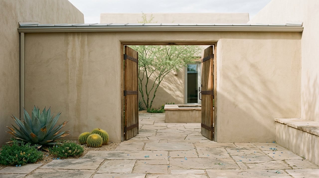 Open wood-and-iron gate leads into a stucco courtyard with a palo verde tree, agave, and flagstone path.