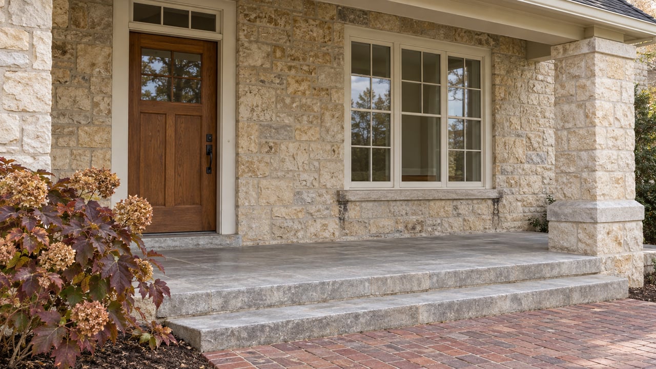 A covered limestone porch with an oak front door, cream divided-light window, worn stone steps and autumn oakleaf hydrangea.