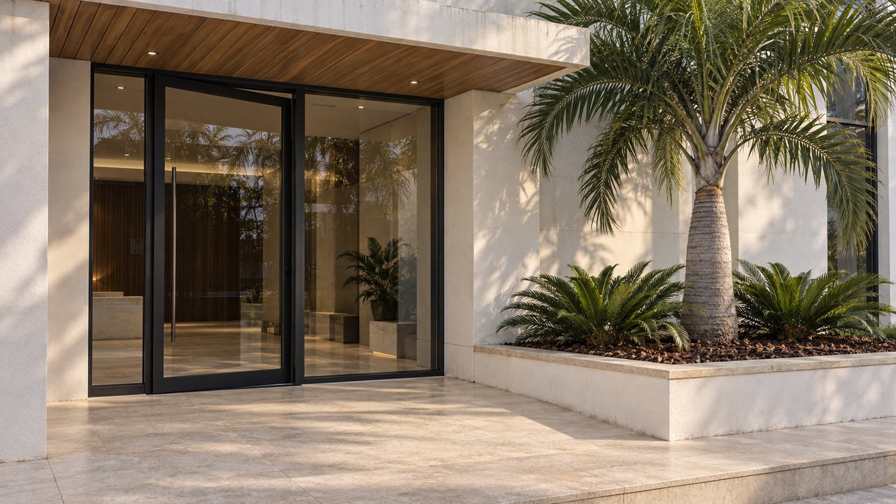 White stucco residential entrance with timber soffit, black-framed glass doors, limestone approach and a sculptural palm in a raised planter.
