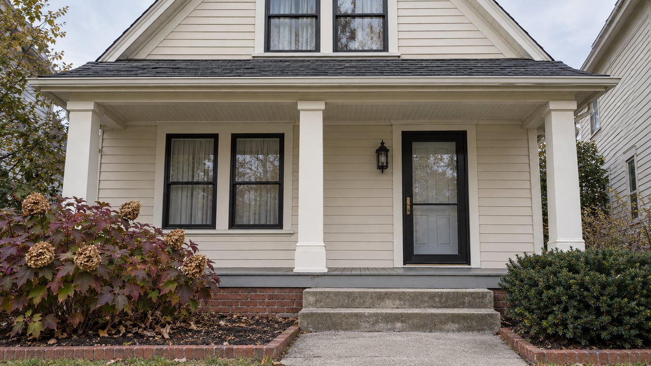 Cream clapboard home with black-framed windows, a sheltered front porch, worn concrete steps and burgundy oakleaf hydrangea.