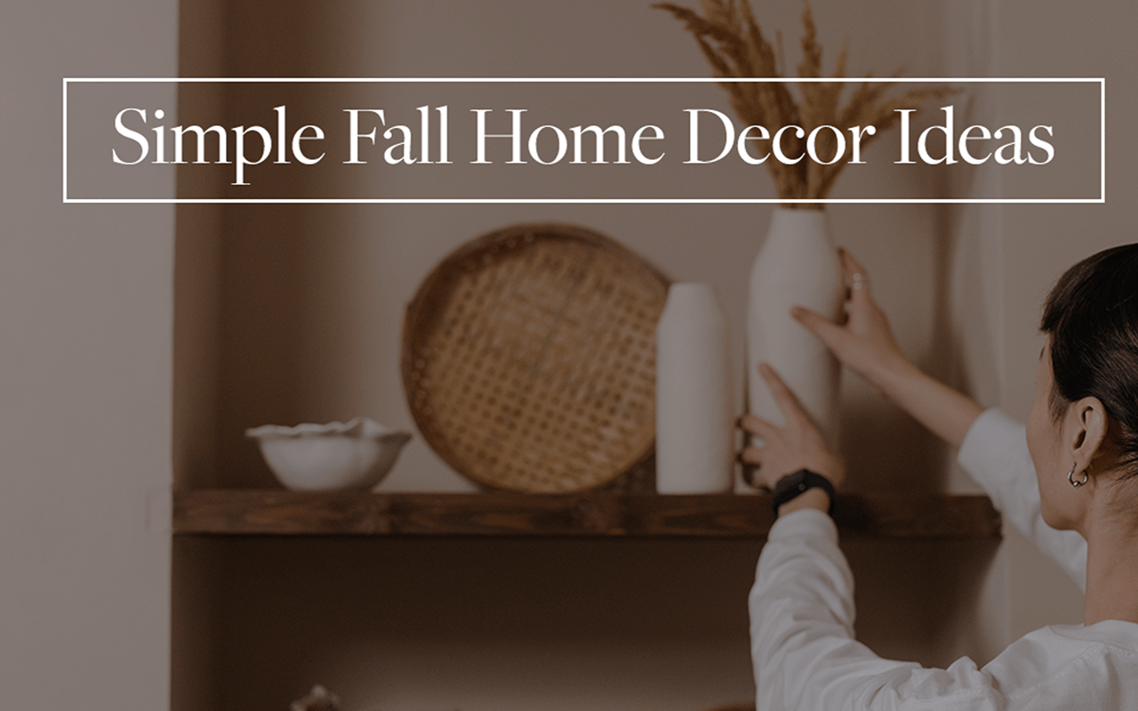 Fall home decor title over a person arranging ceramic vases and a woven tray on a shelf.