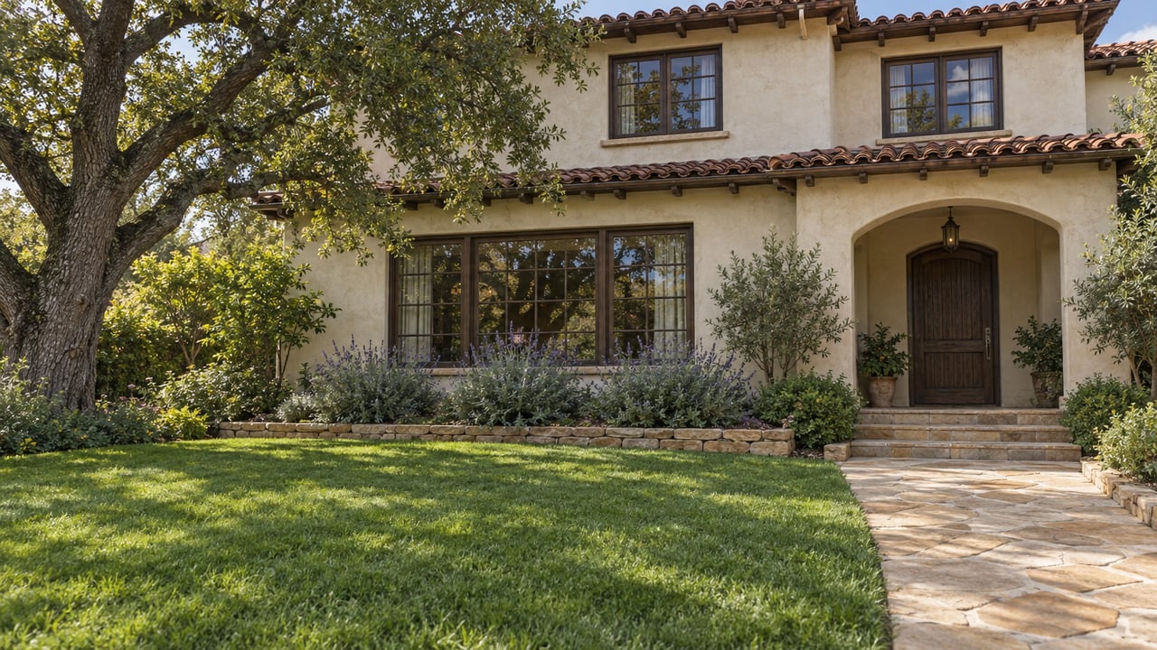 Cream stucco home with clay-tile eaves and divided-light windows, seen across a deep lawn beside a stone walk and mature oak.