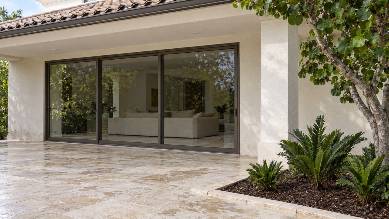 Pale stucco home with a tiled roof, closed glass sliders and a limestone terrace beside sea grape and coontie planting.