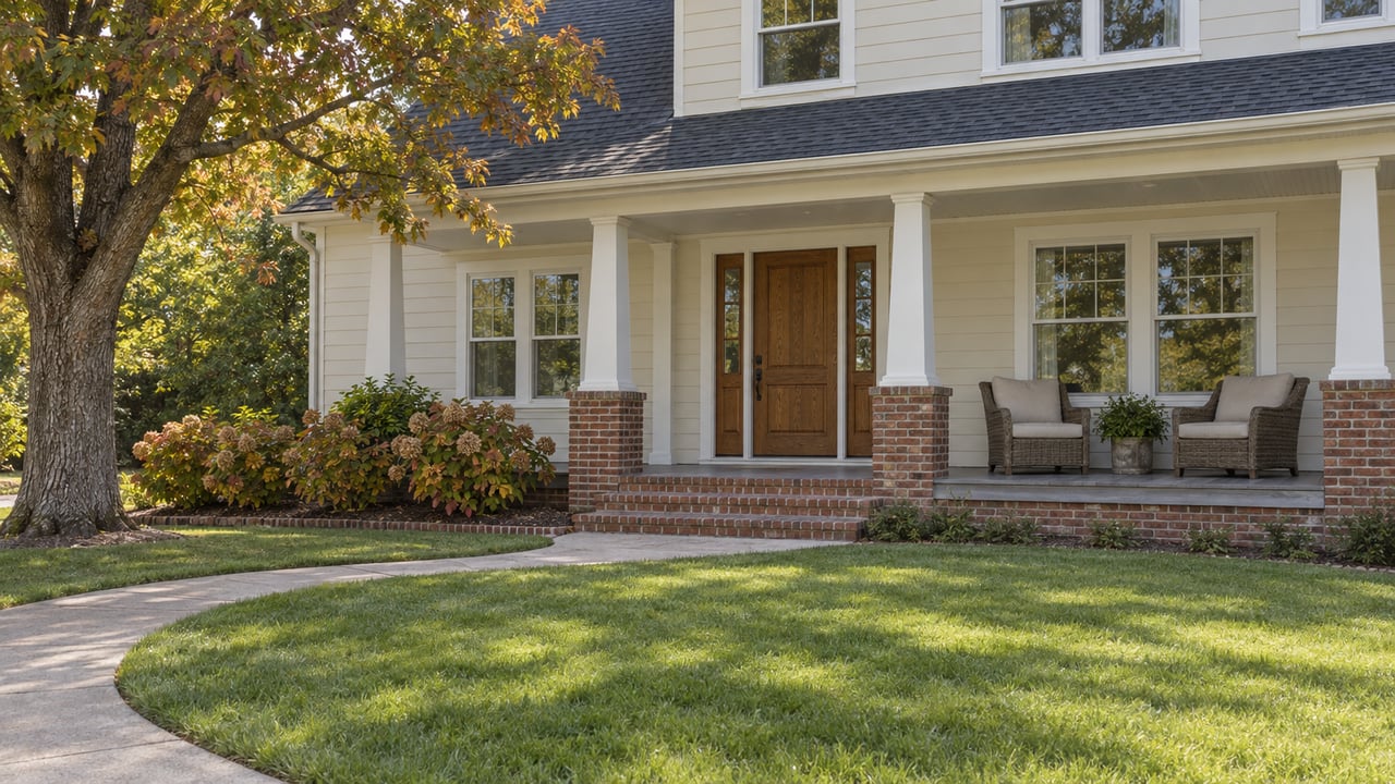 An ivory-sided home with a brick-based front porch, curved concrete walk and broad lawn beneath an oak showing early autumn color.
