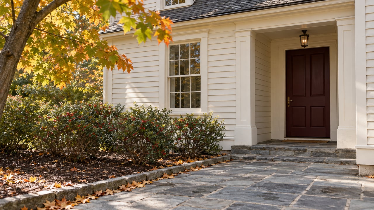 Off-white clapboard home with a recessed burgundy door, limestone approach, and amber-green maple canopy.