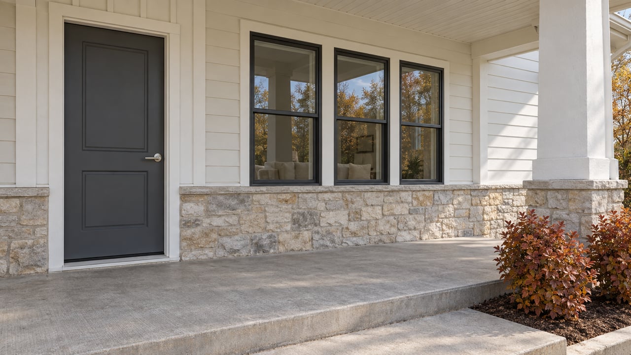 Close view of a light-sided home's covered entry, grouped windows, pale stone base and concrete porch beside russet autumn shrubs.