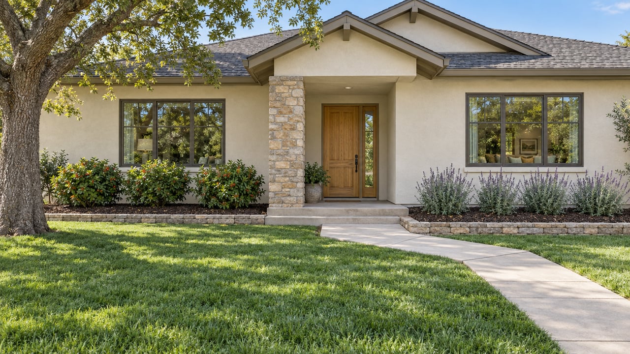 Ivory stucco home with intersecting gables, a stone porch pier, mature oak and a broad lawn crossed by a curved concrete walkway.
